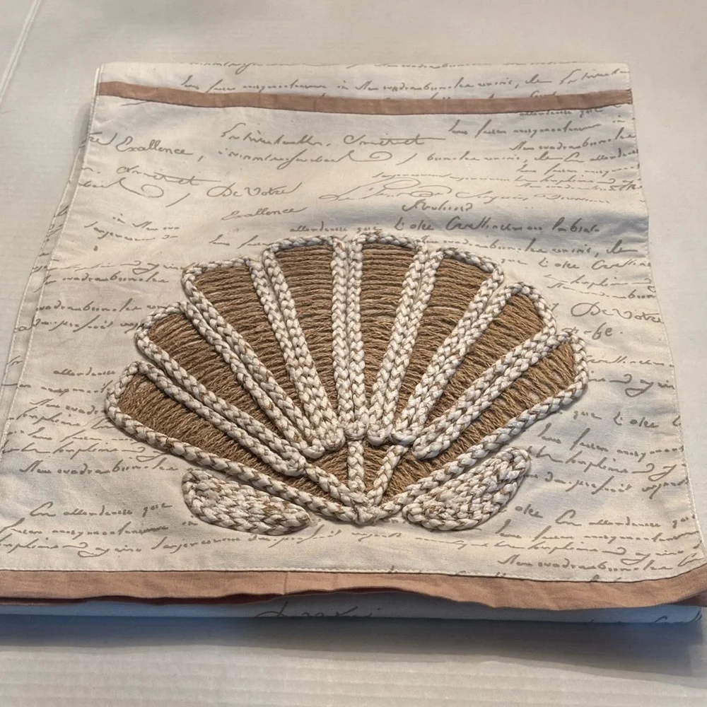 New PIER 1 IMPORTS seashell script embroidery table runner 13x72 Cotton Linen